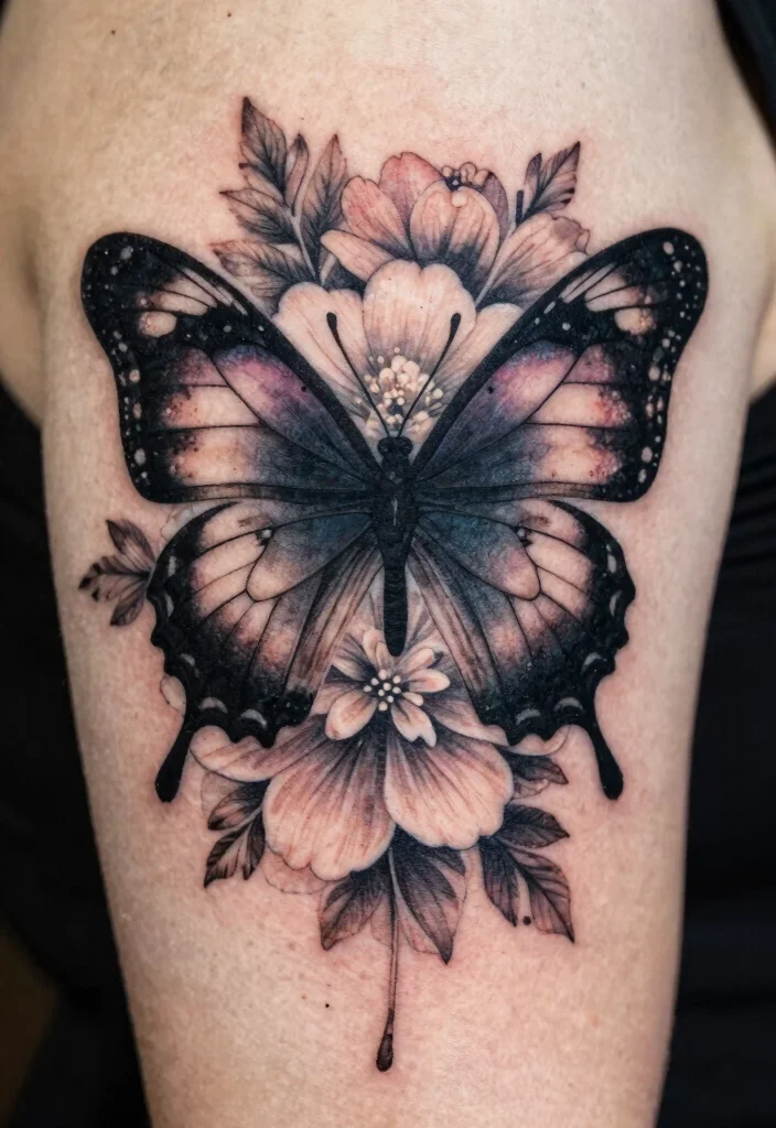 16 Flower and Butterfly Tattoo Ideas: Elegant Balanced Designs - 10. Butterfly Silhouette with Floral Background 1