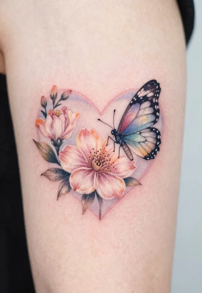 16 Flower and Butterfly Tattoo Ideas: Elegant Balanced Designs - 11. Butterfly and Flower Heart Design 1