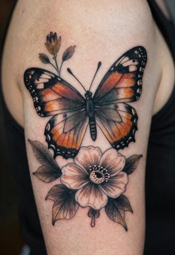 16 Flower and Butterfly Tattoo Ideas: Elegant Balanced Designs - 13. Vintage-Inspired Butterfly and Flower Tattoo 1