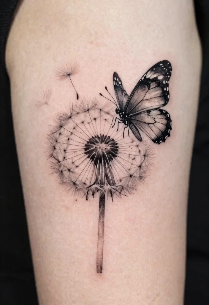 16 Flower and Butterfly Tattoo Ideas: Elegant Balanced Designs - 14. Dandelion and Butterfly Fusion 1