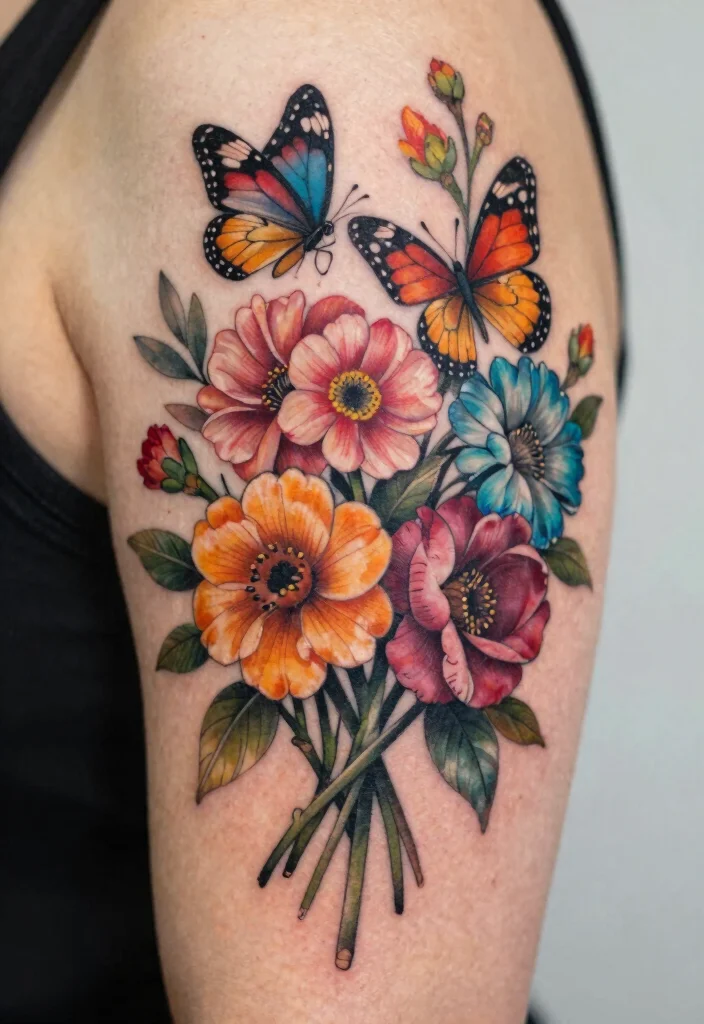16 Flower and Butterfly Tattoo Ideas: Elegant Balanced Designs - 15. Elegant Floral Bouquet with Butterfly 1