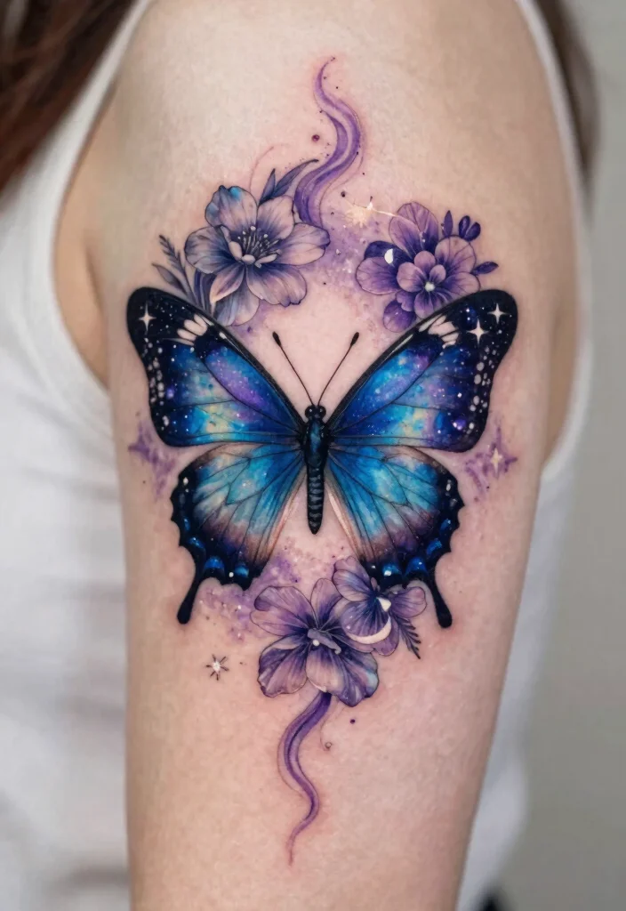 16 Flower and Butterfly Tattoo Ideas: Elegant Balanced Designs - 16. Celestial Butterfly and Flower Tattoo 1