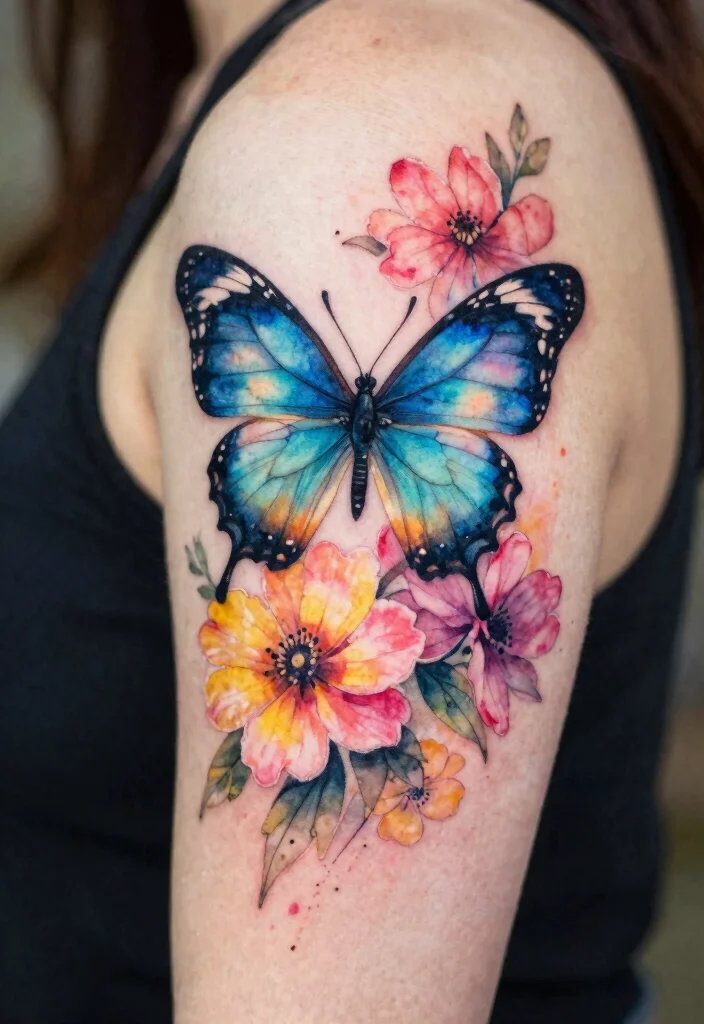 16 Flower and Butterfly Tattoo Ideas: Elegant Balanced Designs - 2. Watercolor Butterfly and Flower Combination 1