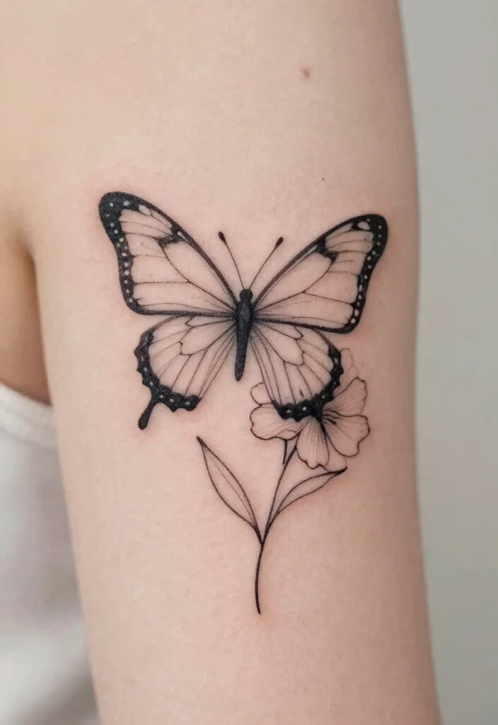16 Flower and Butterfly Tattoo Ideas: Elegant Balanced Designs - 4. Simple Line Art Butterfly and Flower 1