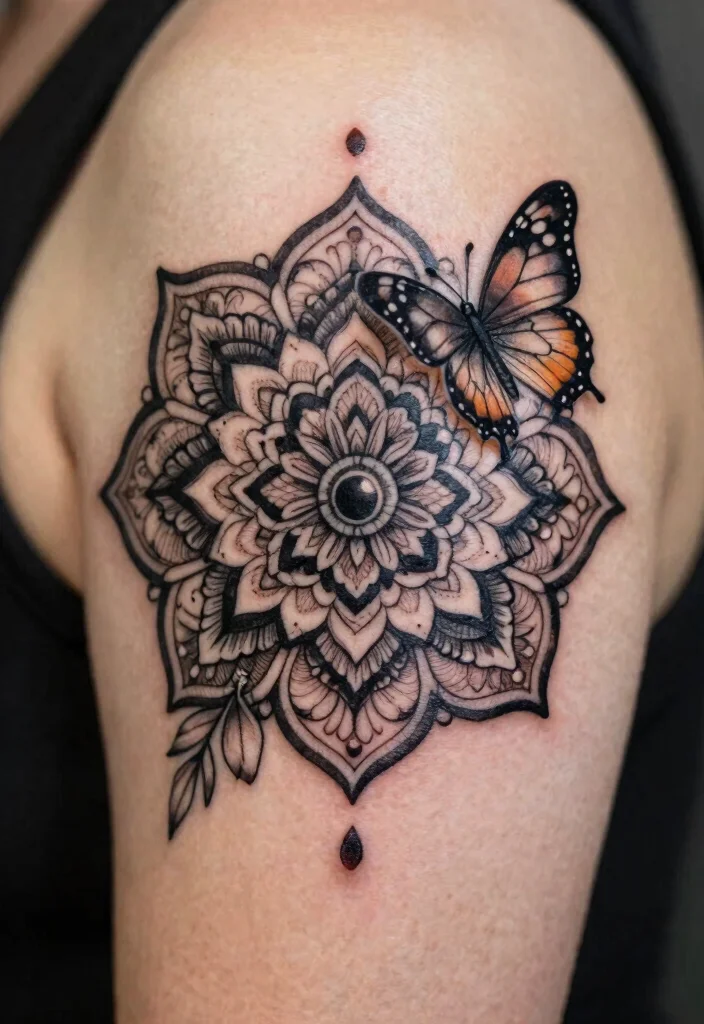 16 Flower and Butterfly Tattoo Ideas: Elegant Balanced Designs - 5. Floral Mandala with Butterfly Accent 1