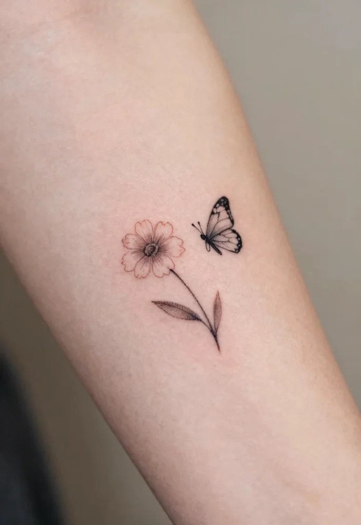 16 Flower and Butterfly Tattoo Ideas: Elegant Balanced Designs - 6. Tiny Flower and Butterfly Pair 1