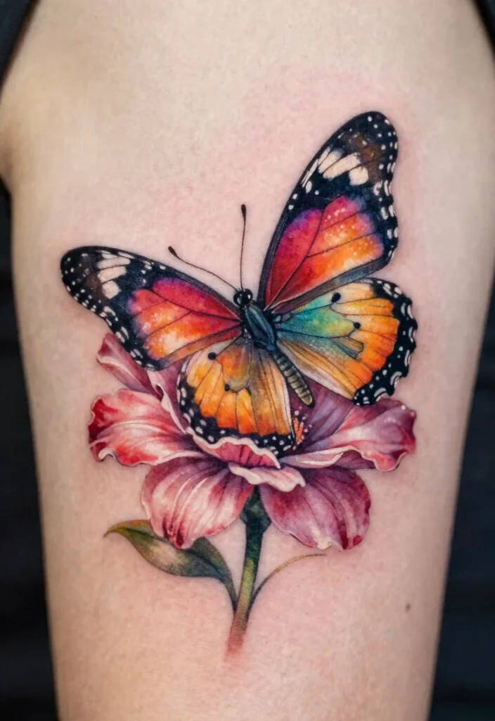 16 Flower and Butterfly Tattoo Ideas: Elegant Balanced Designs - 7. Butterfly Emerging from a Flower 1