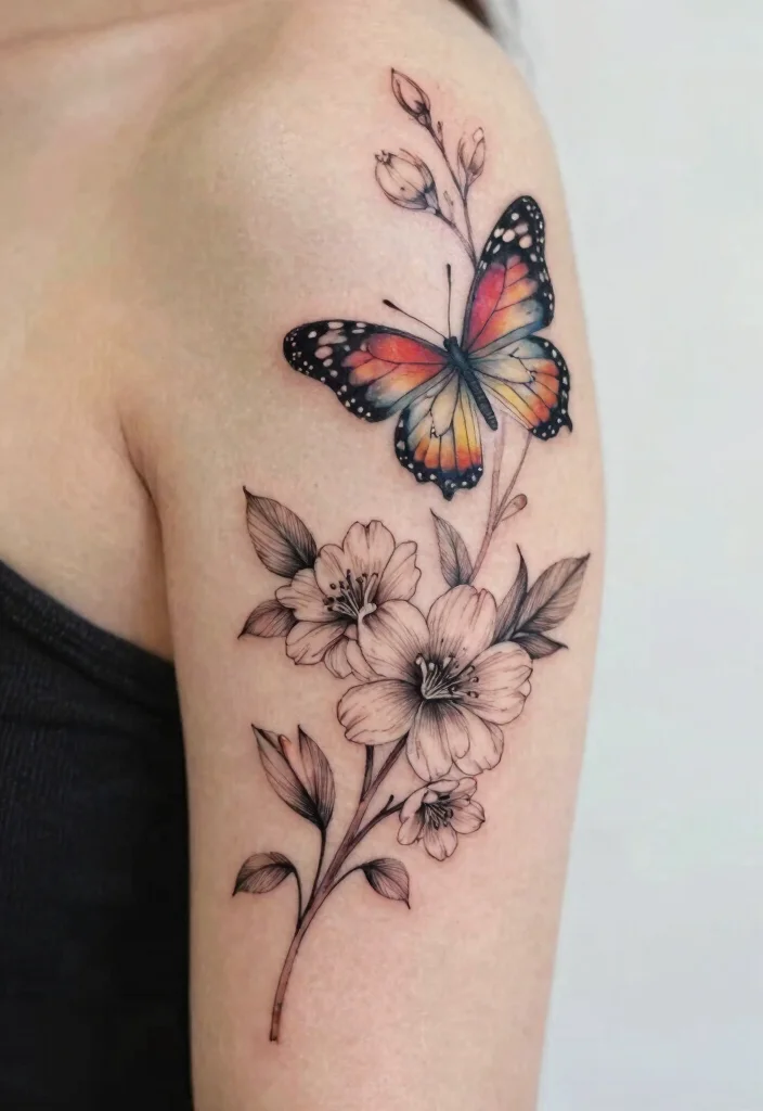 16 Flower and Butterfly Tattoo Ideas: Elegant Balanced Designs - 8. Floral Branch with Butterfly 1