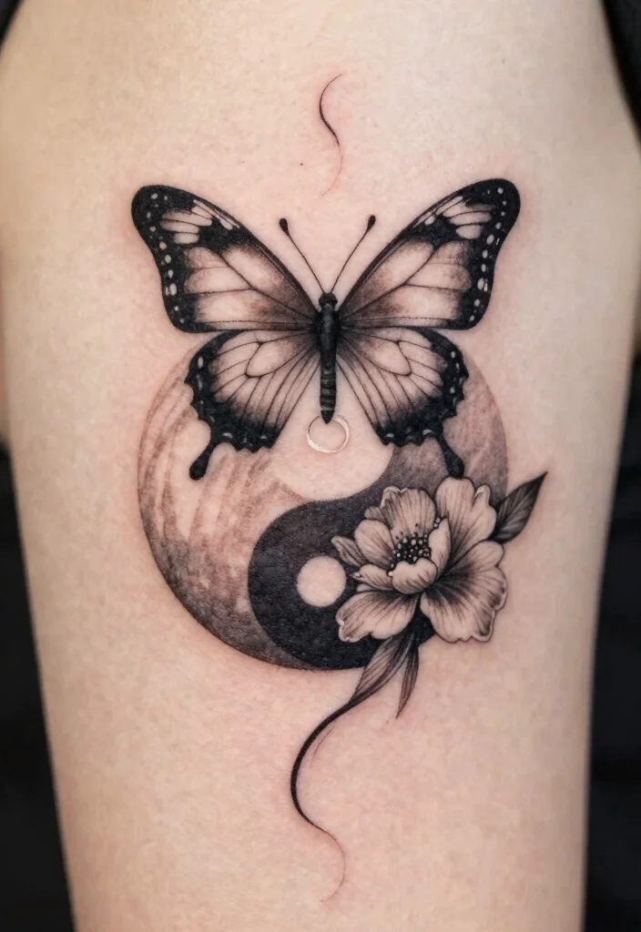 16 Flower and Butterfly Tattoo Ideas: Elegant Balanced Designs - 9. Butterfly and Flower in Yin Yang Style 1
