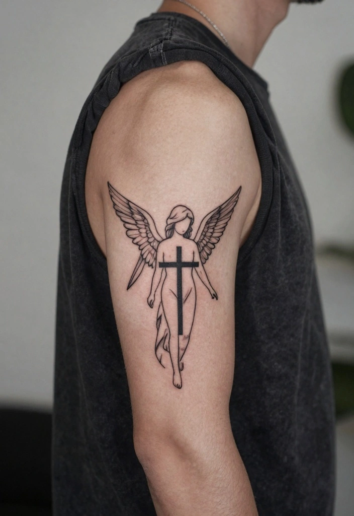 16 Guardian Angel Tattoo for Men Ideas Protective and Emotional - 11. Angel and Cross 1