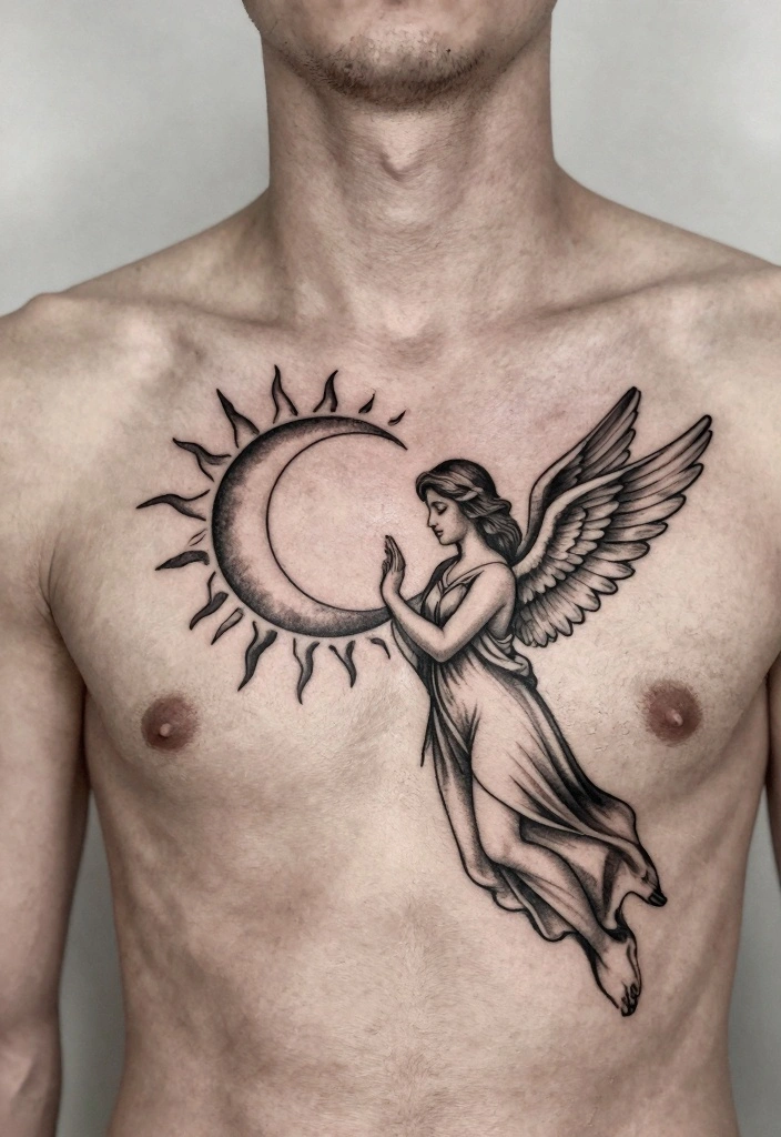 16 Guardian Angel Tattoo for Men Ideas Protective and Emotional - 16. Angel with Sun and Moon 1
