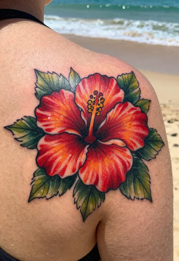 16 Hibiscus Flower Tattoo Ideas Tropical Bold and Beautiful - 1. Bold Red Hibiscus on the Shoulder 1