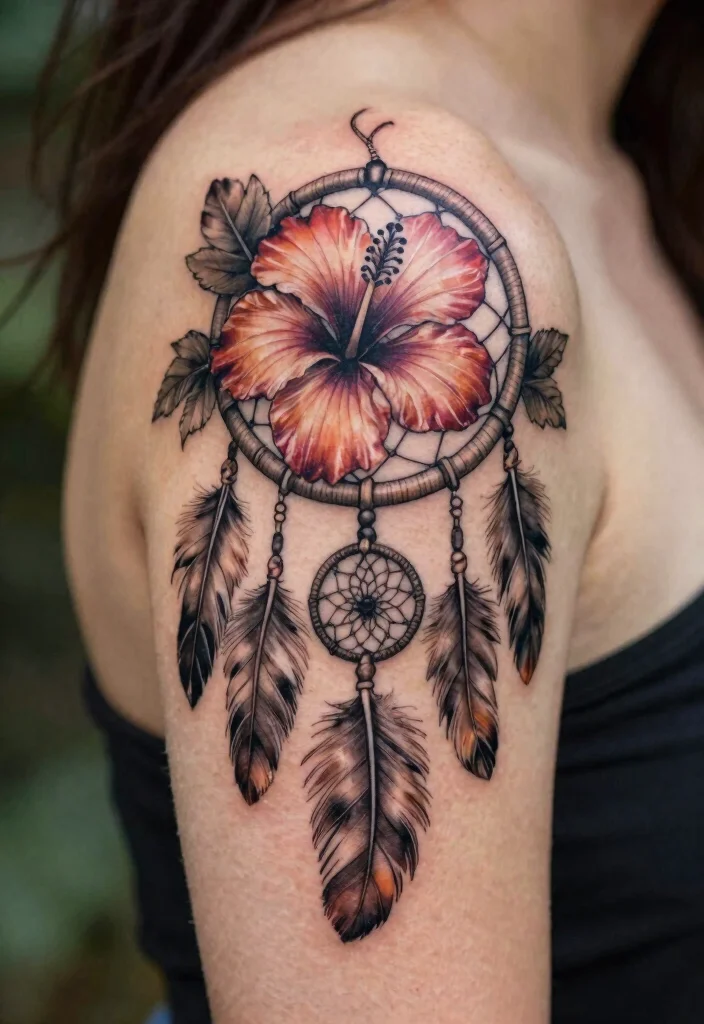 16 Hibiscus Flower Tattoo Ideas Tropical Bold and Beautiful - 11. Hibiscus and Dreamcatcher 1