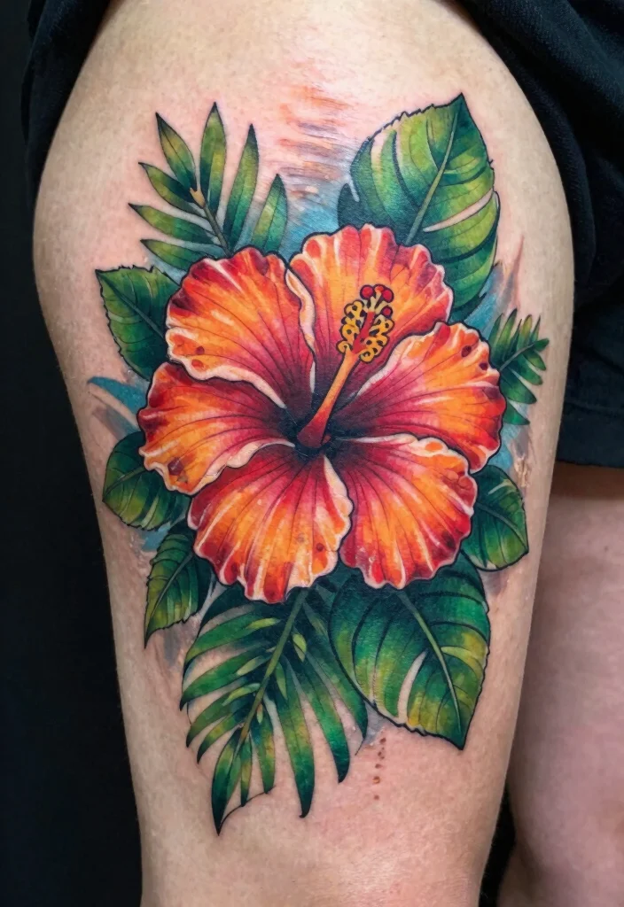 16 Hibiscus Flower Tattoo Ideas Tropical Bold and Beautiful - 14. Layered Hibiscus with Foliage 1