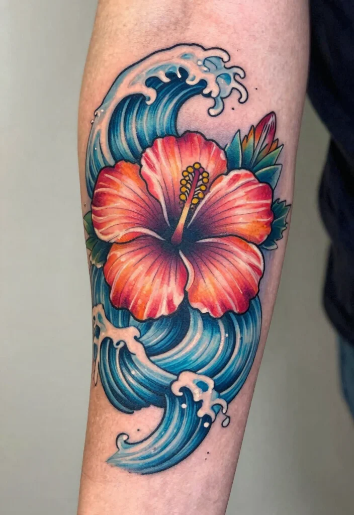 16 Hibiscus Flower Tattoo Ideas Tropical Bold and Beautiful - 3. Hibiscus and Ocean Waves 1
