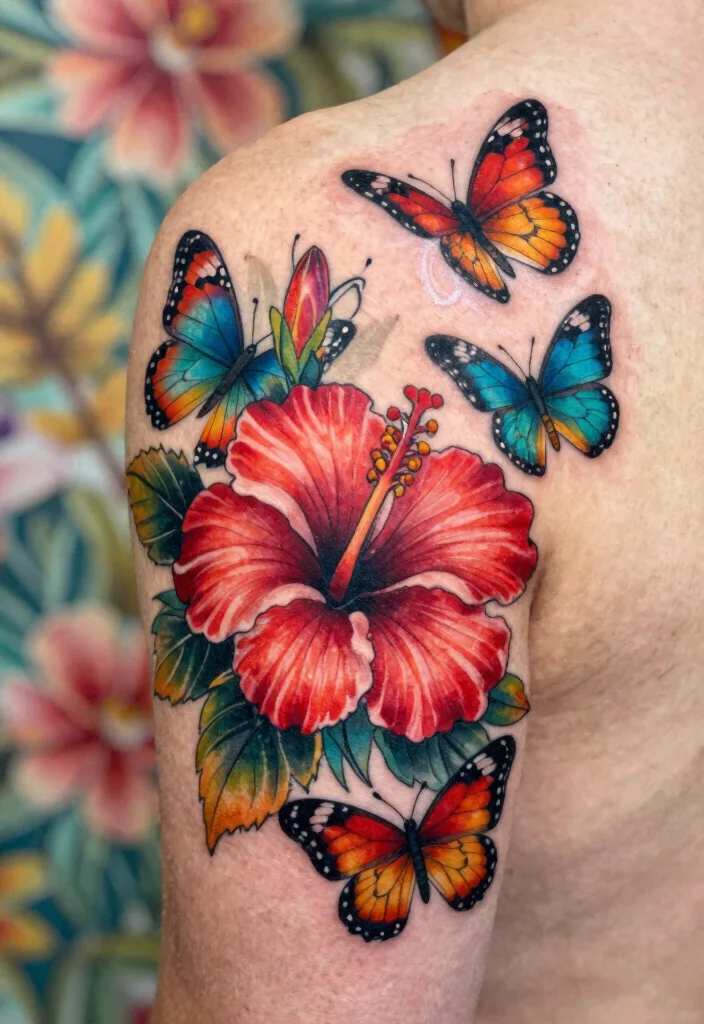 16 Hibiscus Flower Tattoo Ideas Tropical Bold and Beautiful - 7. Hibiscus with Butterflies 1