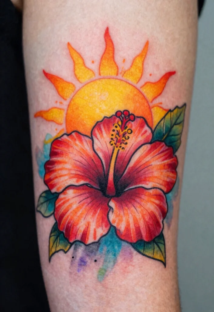 16 Hibiscus Flower Tattoo Ideas Tropical Bold and Beautiful - 8. Hibiscus and Sun 1