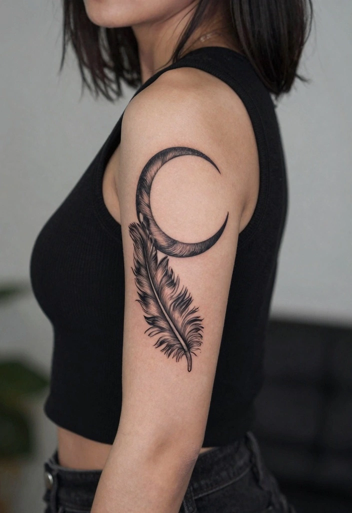 16 Moon Cycle Tattoo Ideas Symbolic Feminine and Spiritual - 14. Moon and Feather 1