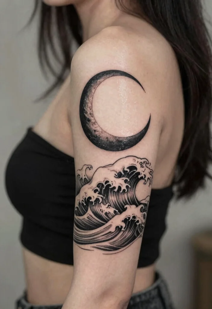 16 Moon Cycle Tattoo Ideas Symbolic Feminine and Spiritual - 15. Moon and Ocean Waves 1