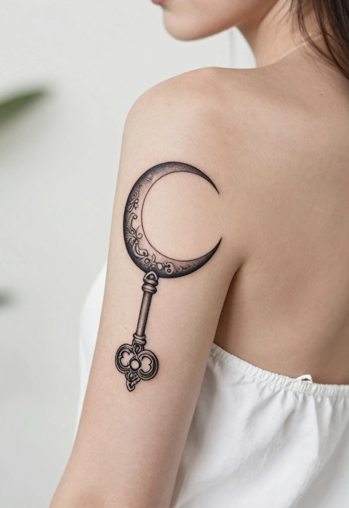 16 Moon Cycle Tattoo Ideas Symbolic Feminine and Spiritual - 16. Moon and Key Symbolism 1