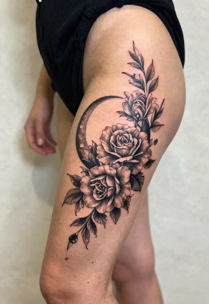 16 Moon Cycle Tattoo Ideas Symbolic Feminine and Spiritual - 4. Floral Moon Silhouette 1