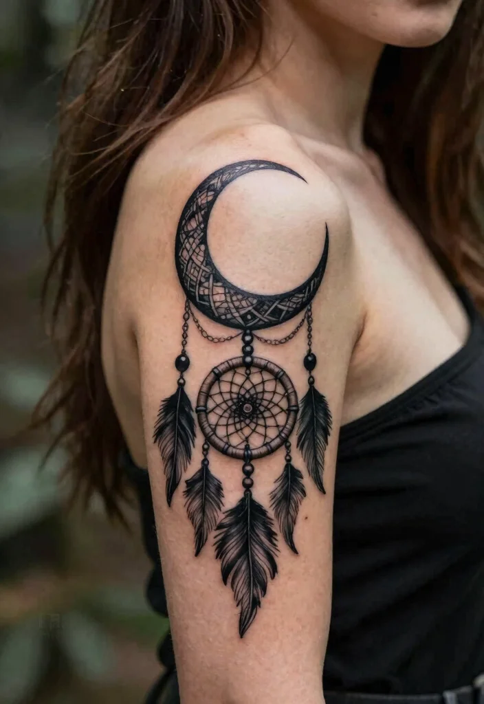 16 Moon Cycle Tattoo Ideas Symbolic Feminine and Spiritual - 5. Moon with Dreamcatcher 1