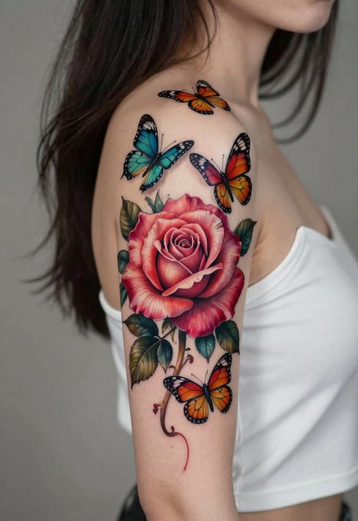 16 Rose Tattoo Arm Ideas Perfect for Statement Ink - 10. Rose Tattoos with Butterflies 1
