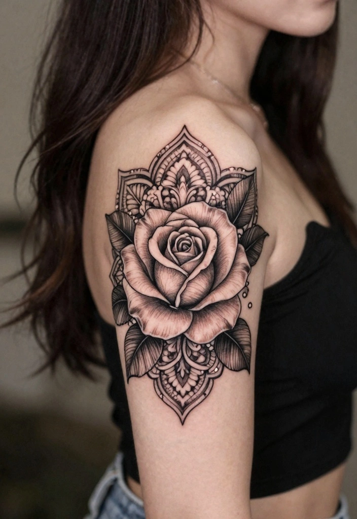 16 Rose Tattoo Arm Ideas Perfect for Statement Ink - 12. Rose and Mandala Designs 1