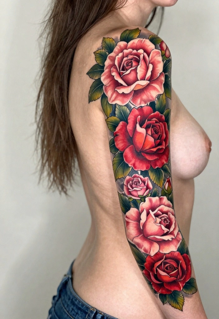 16 Rose Tattoo Arm Ideas Perfect for Statement Ink - 13. Colorful Rose Sleeve Tattoos 1