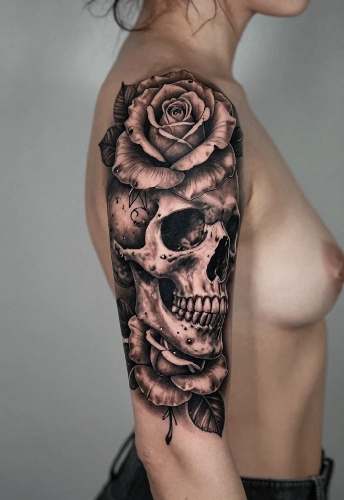 16 Rose Tattoo Arm Ideas Perfect for Statement Ink - 5. Rose and Skull Combination 1