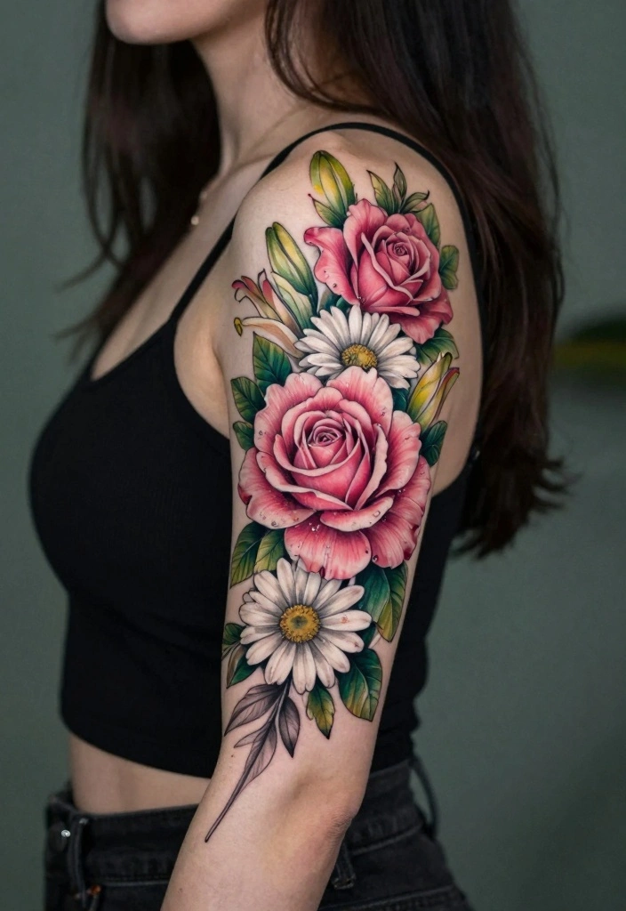16 Rose Tattoo Arm Ideas Perfect for Statement Ink - 6. Floral Bouquet Tattoos 1