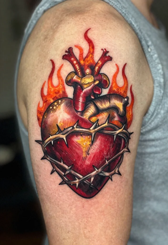 16 Sacred Heart Tattoo Ideas: Powerful, Symbolic, and Timeless - 1. Classic Sacred Heart with Flames 1