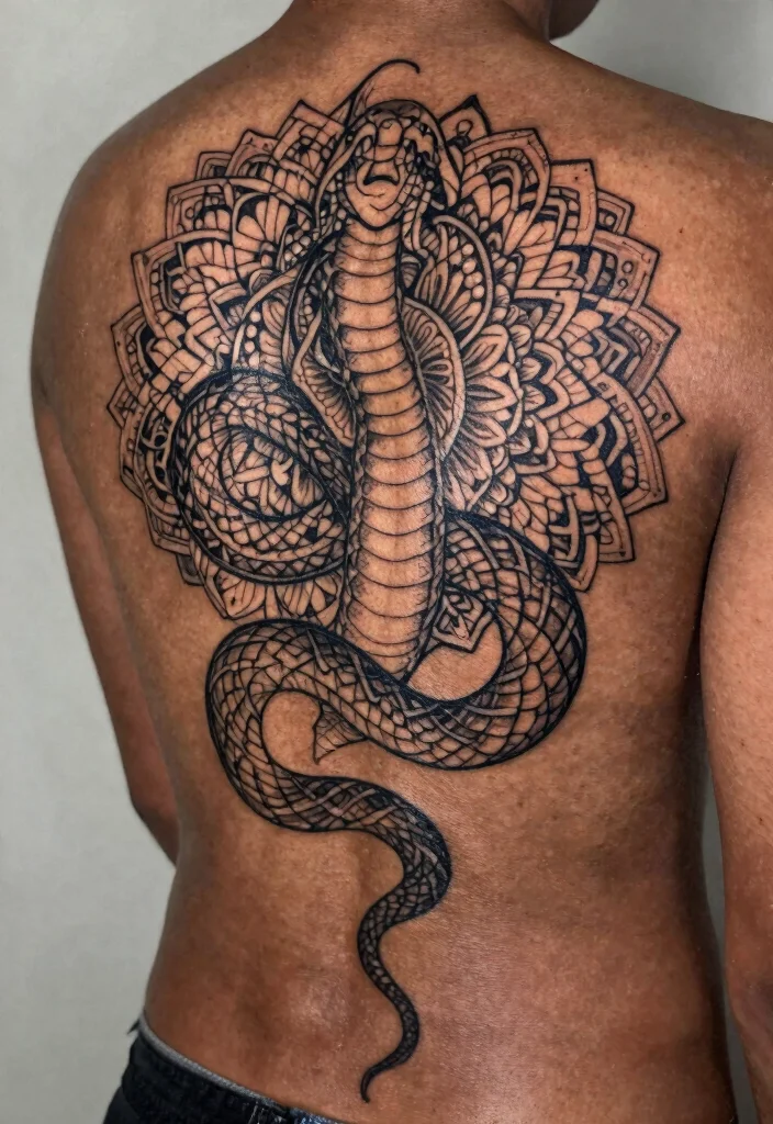 16 Snake Spine Tattoo Ideas: Elegant, Fierce, and Eye-Catching - 11. Mandala Snake Tattoo 1