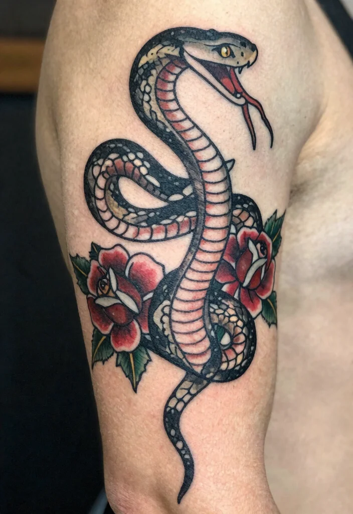 16 Snake Spine Tattoo Ideas: Elegant, Fierce, and Eye-Catching - 12. Vintage Snake Tattoo 1