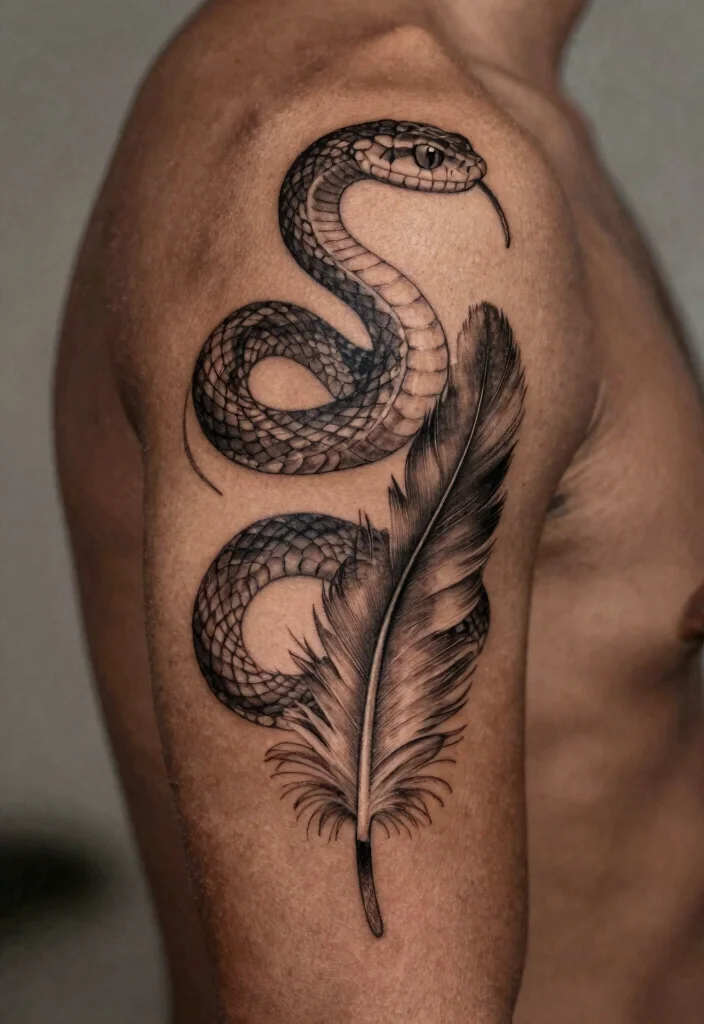 16 Snake Spine Tattoo Ideas: Elegant, Fierce, and Eye-Catching - 15. Snake with Feather 1