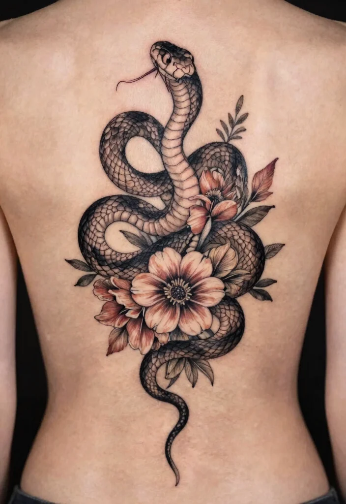 16 Snake Spine Tattoo Ideas: Elegant, Fierce, and Eye-Catching - 3. Floral Snake Tattoo 1