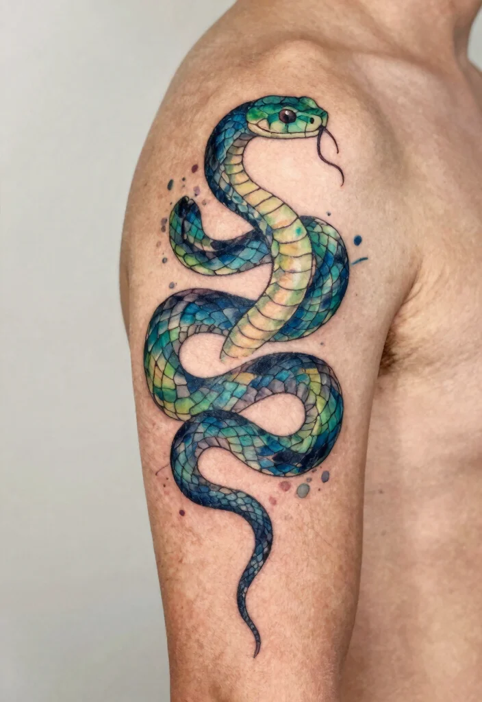 16 Snake Spine Tattoo Ideas: Elegant, Fierce, and Eye-Catching - 4. Watercolor Snake Tattoo 1