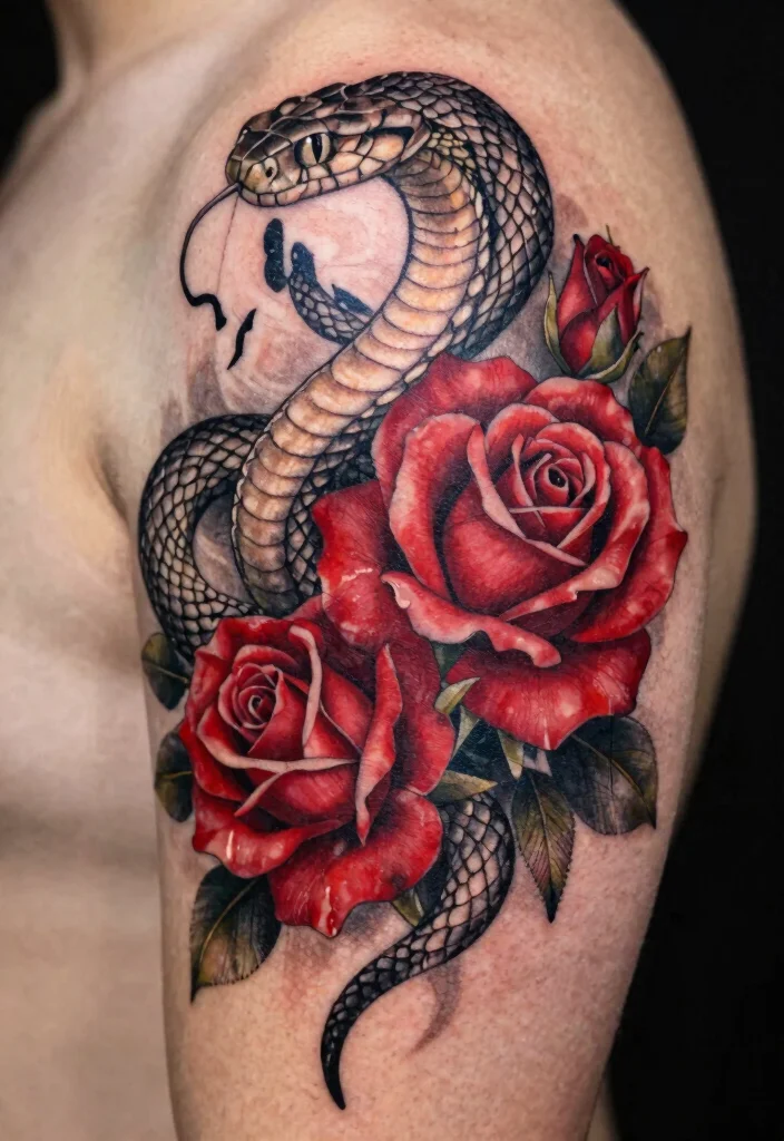 16 Snake With Flowers Tattoo Ideas: Soft Balance of Power and Beauty - 1. Enchanting Rose and Serpent Combo 1