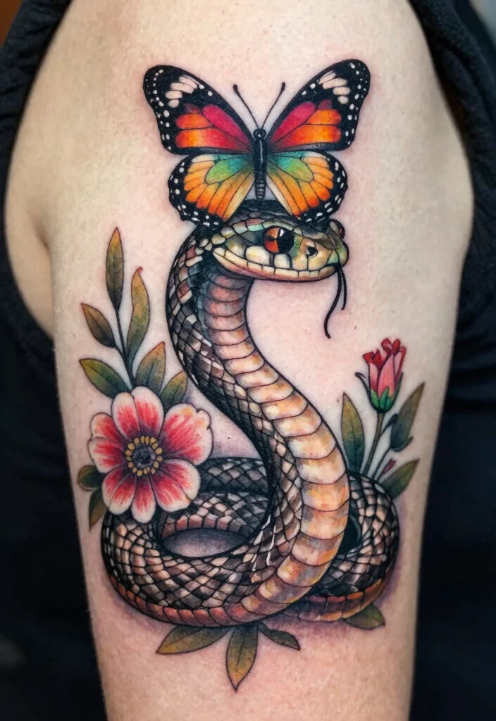 16 Snake With Flowers Tattoo Ideas: Soft Balance of Power and Beauty - 10. Whimsical Snake and Butterfly Floral 1