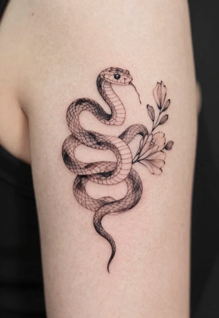 16 Snake With Flowers Tattoo Ideas: Soft Balance of Power and Beauty - 11. Elegant Snake Flower Ink 1