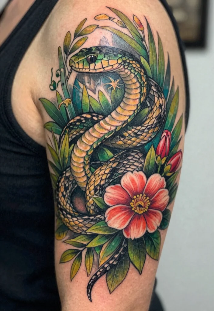 16 Snake With Flowers Tattoo Ideas: Soft Balance of Power and Beauty - 12. Nature-Inspired Snake Tattoos 1