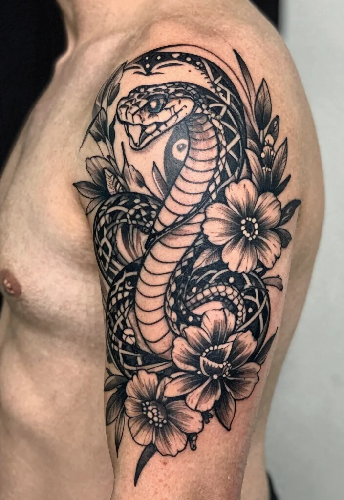 16 Snake With Flowers Tattoo Ideas: Soft Balance of Power and Beauty - 13. Tribal Snake Flower Designs 1