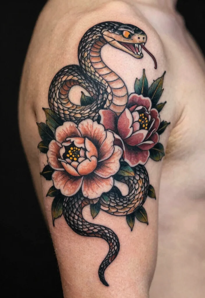 16 Snake With Flowers Tattoo Ideas: Soft Balance of Power and Beauty - 14. Vintage-Style Snake Flower Tattoos 1