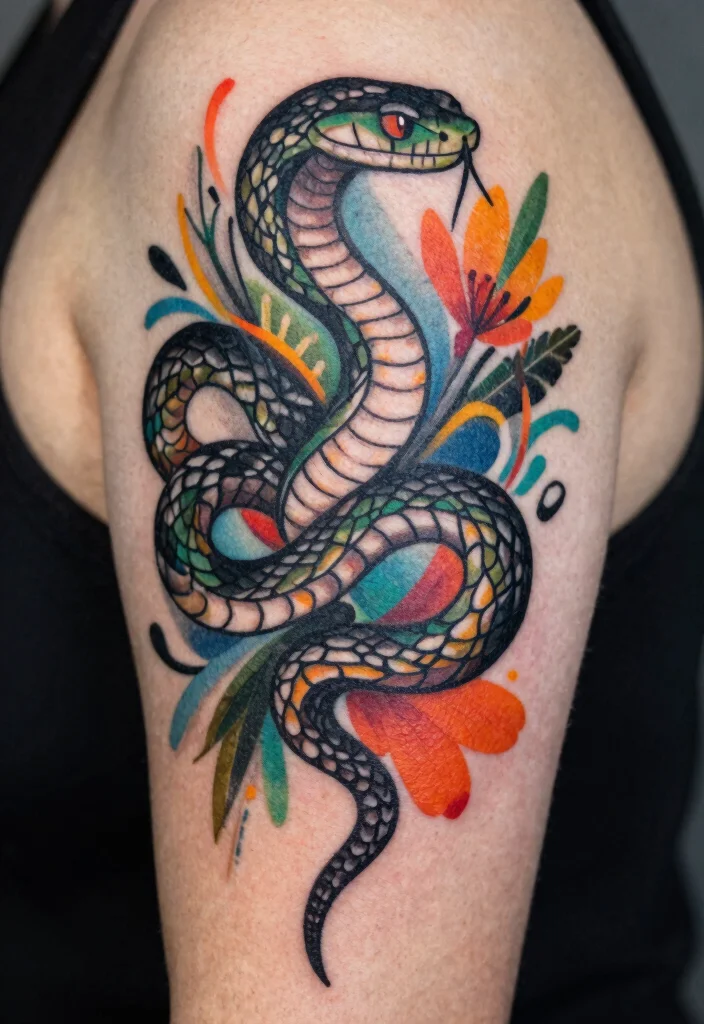 16 Snake With Flowers Tattoo Ideas: Soft Balance of Power and Beauty - 15. Abstract Snake and Floral Elements 1