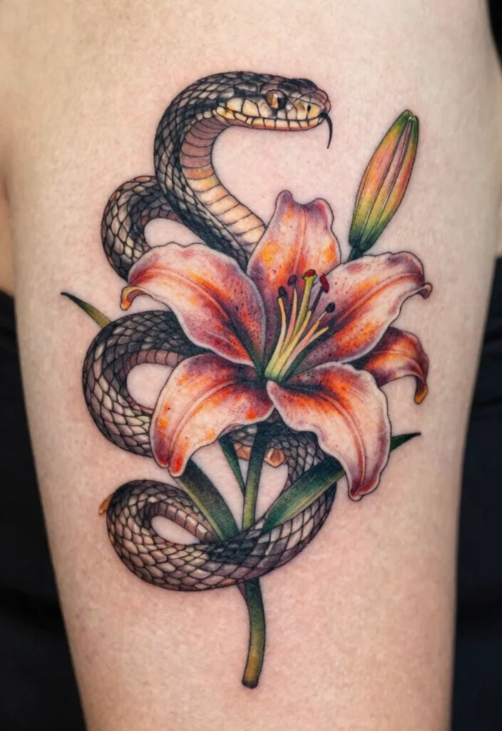 16 Snake With Flowers Tattoo Ideas: Soft Balance of Power and Beauty - 2. Serpentine Lily Elegance 1
