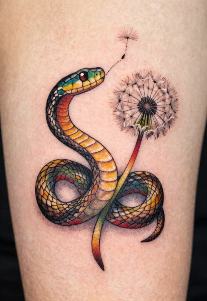 16 Snake With Flowers Tattoo Ideas: Soft Balance of Power and Beauty - 3. The Fierce Dandelion and Serpent 1