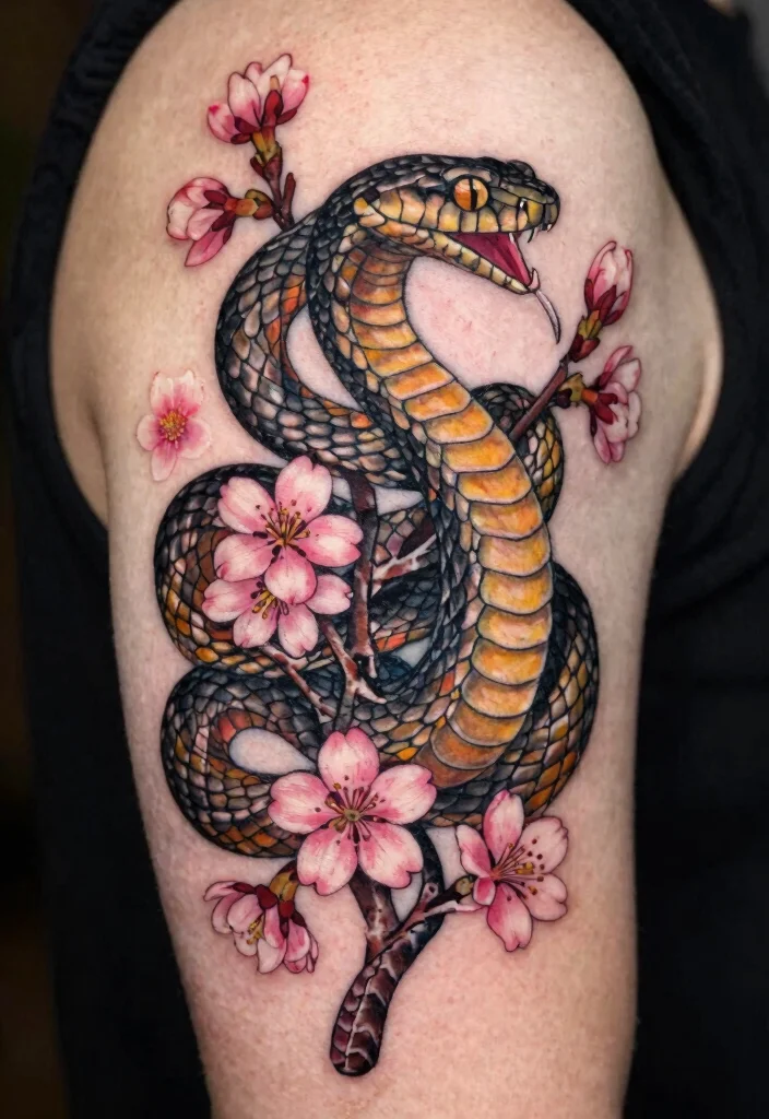 16 Snake With Flowers Tattoo Ideas: Soft Balance of Power and Beauty - 5. Serpent and Cherry Blossom Fusion 1