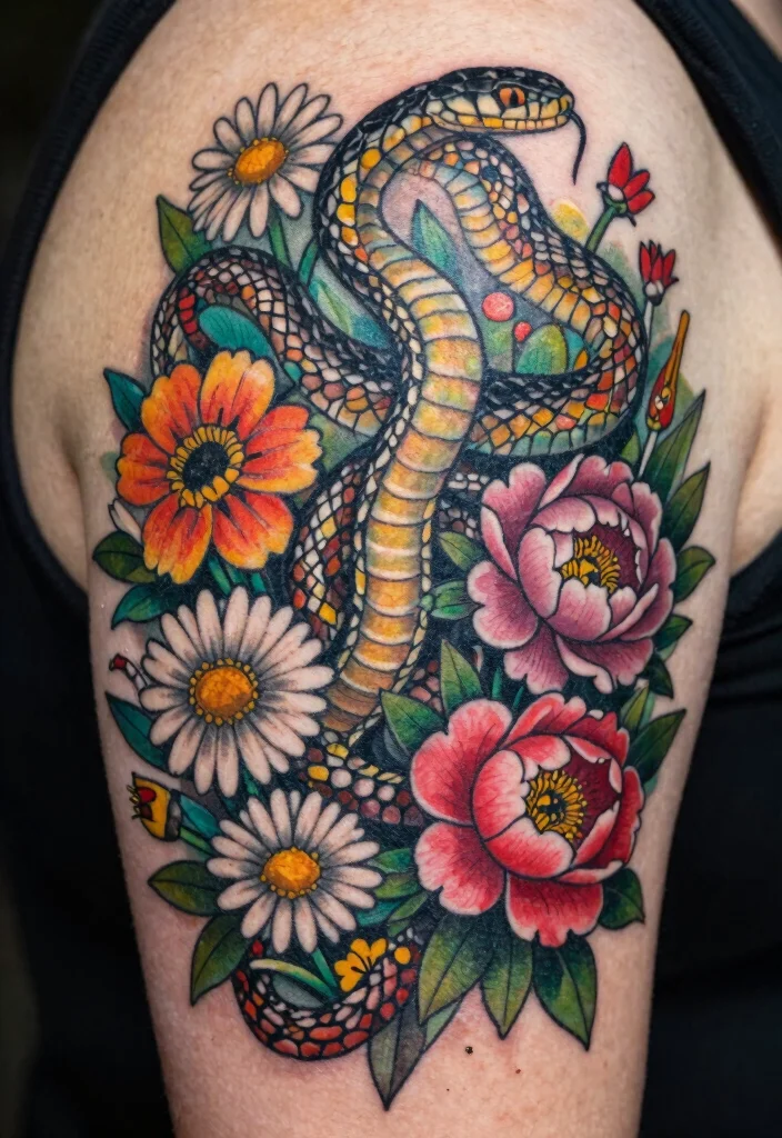 16 Snake With Flowers Tattoo Ideas: Soft Balance of Power and Beauty - 8. Garden of Snakes: A Floral Landscape 1