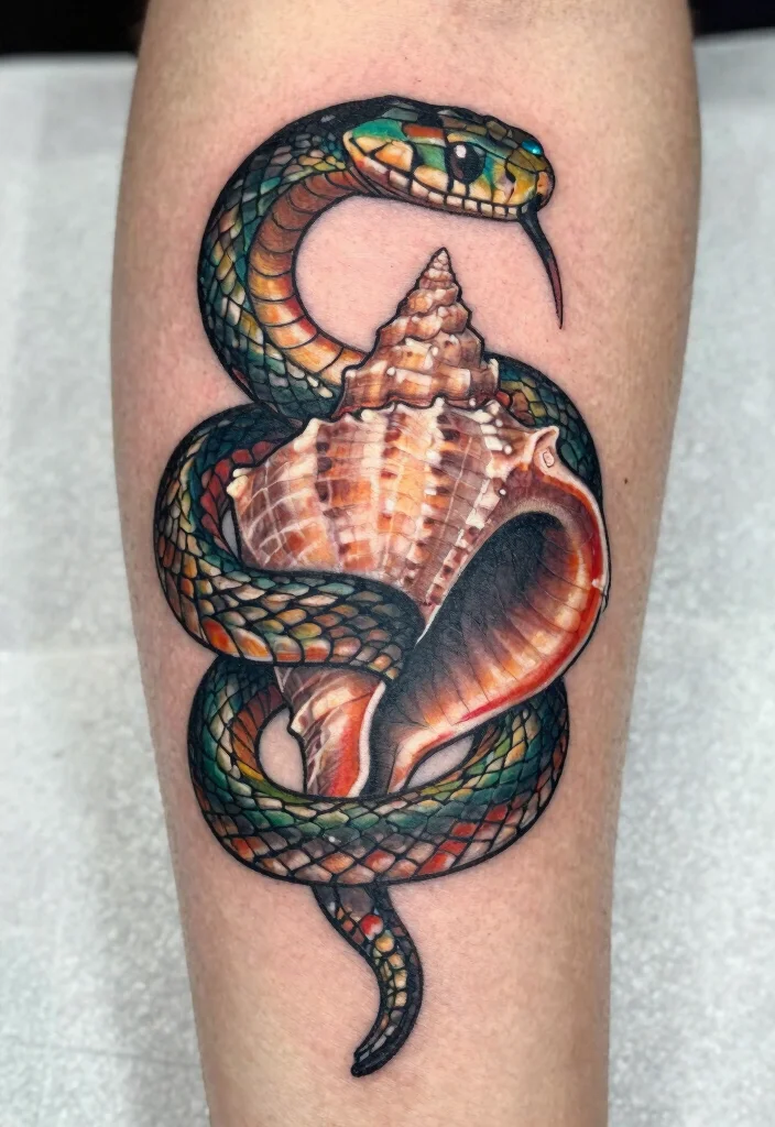 16 Snake With Flowers Tattoo Ideas: Soft Balance of Power and Beauty - 9. The Mesmerizing Conch and Serpent 1