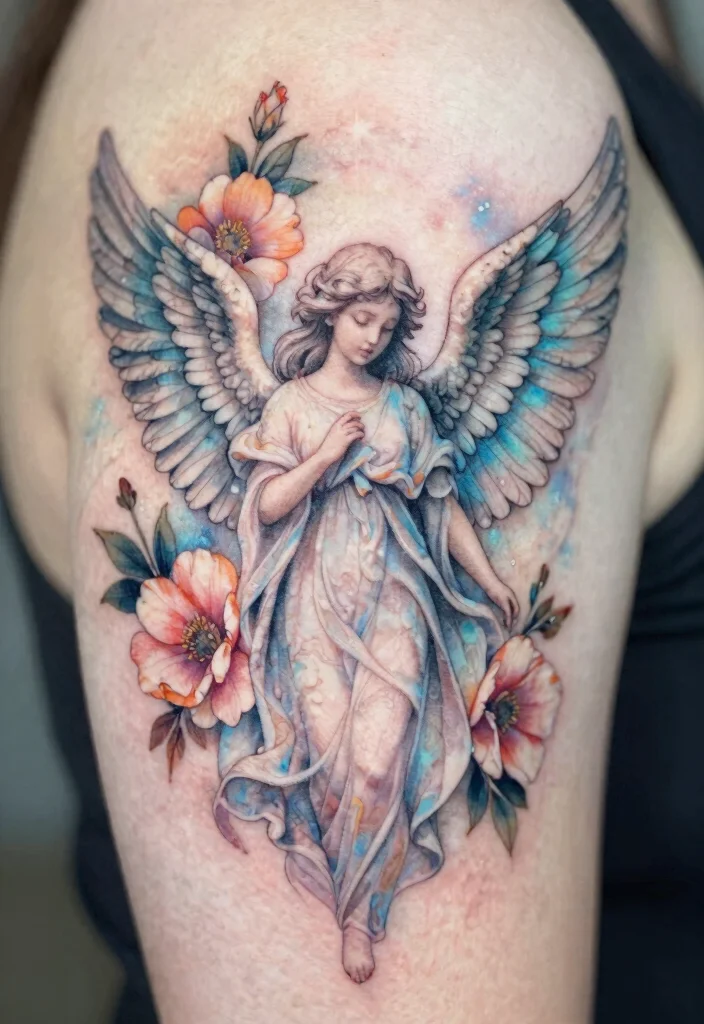 17 Angel Devil Tattoo Ideas: Light vs Dark Symbolism - 1. Ethereal Angel with Floral Accents 1
